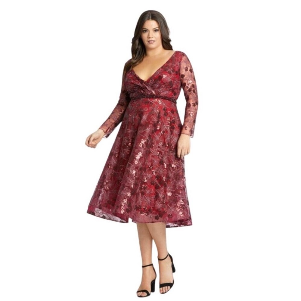MAC DUGGAL Dress Size 16 / Size 16W Evening Gown Sequin Midi Maroon Red Floral